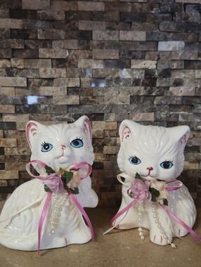 VTG Ceramic Cat Figurines Fancied With Handmade Ribbon Bows